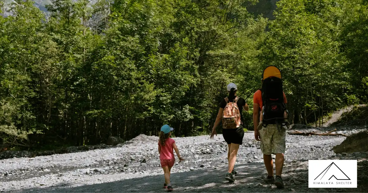 Family Of Three Walking Down The Forest