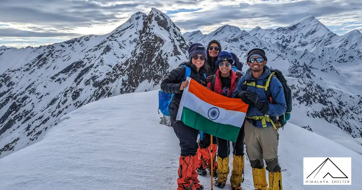 Group Of Trekkers With Indian Flag On Bali Pass