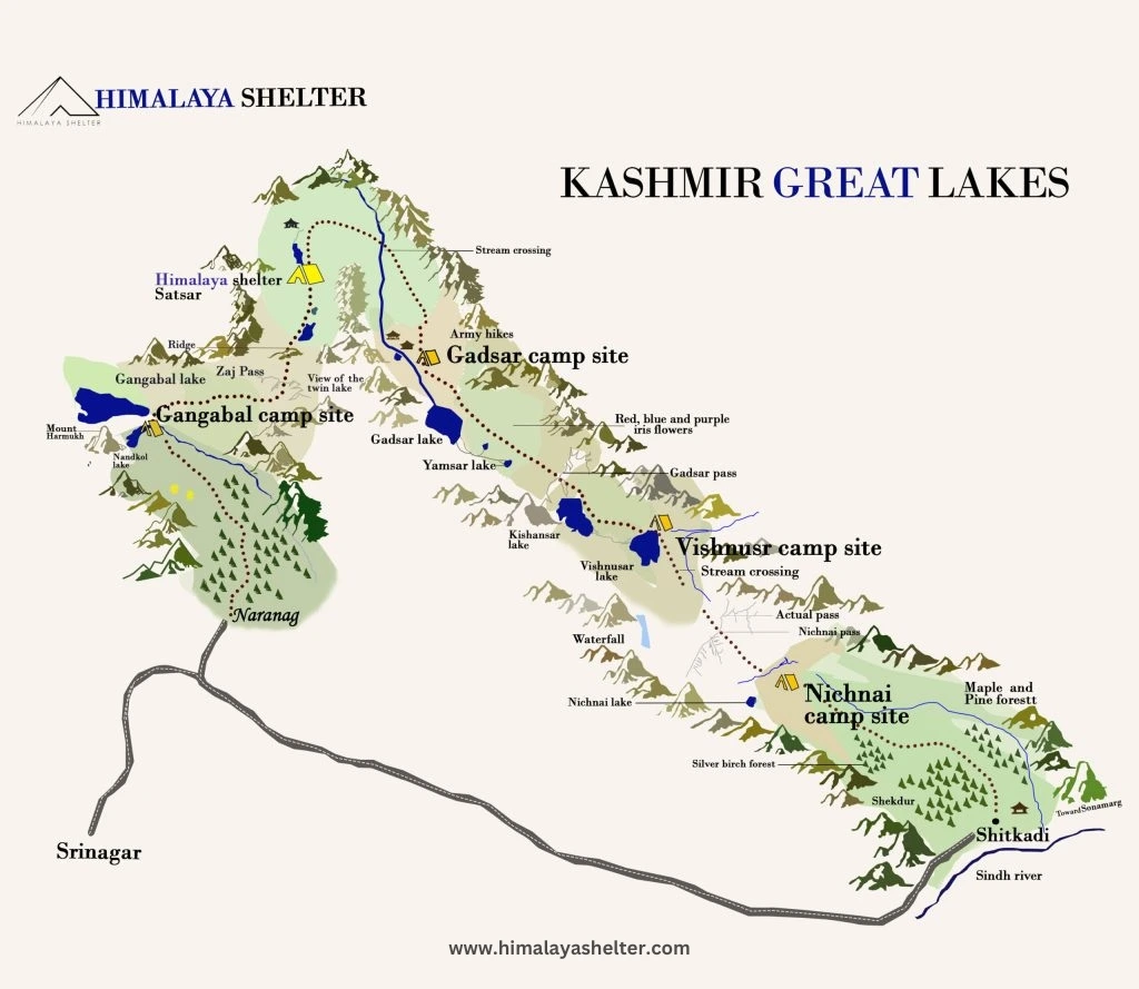 Trek map of kashmir Great lakes Trek